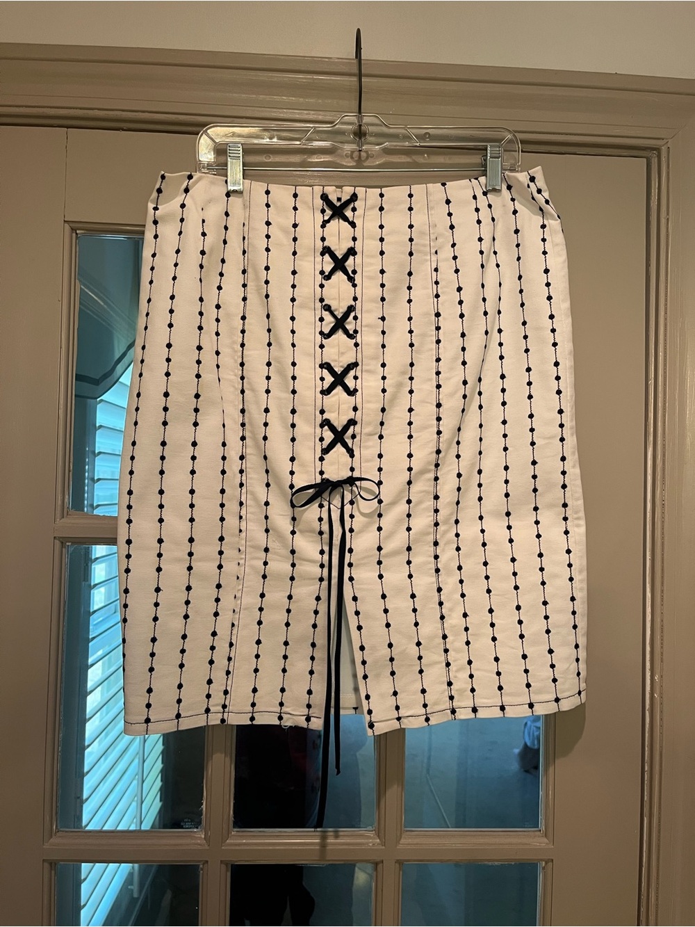 Nanette Lepore White Skirt with Black Dot Stripe and Lace-Up Front